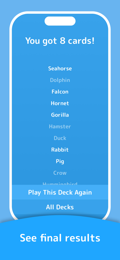 Charades - Family & Party Game - Pantalla de resultados finales del juego Charades que muestra una lista de palabras de animales y un resumen de puntuación