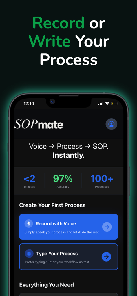Mobile interface of SOPmate app with buttons to record with voice or type a process to generate an SOP.