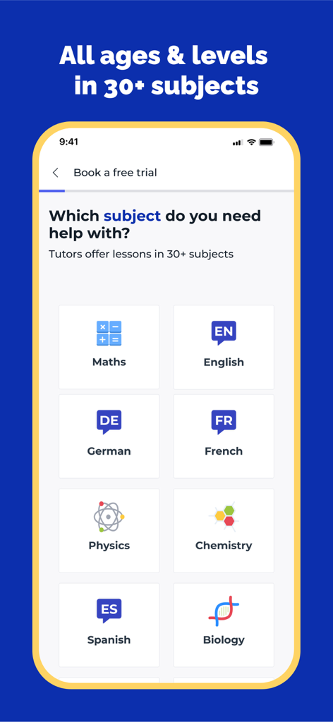 Pantalla de la app GoStudent que muestra una selección de materias académicas para clases particulares online 1 a 1