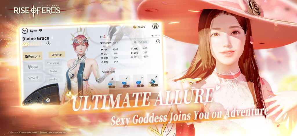 Rise of Eros: Desire - Rise of Eros character menu showing Divine Grace Lynn stats and a close up of a goddess in a pink hat.