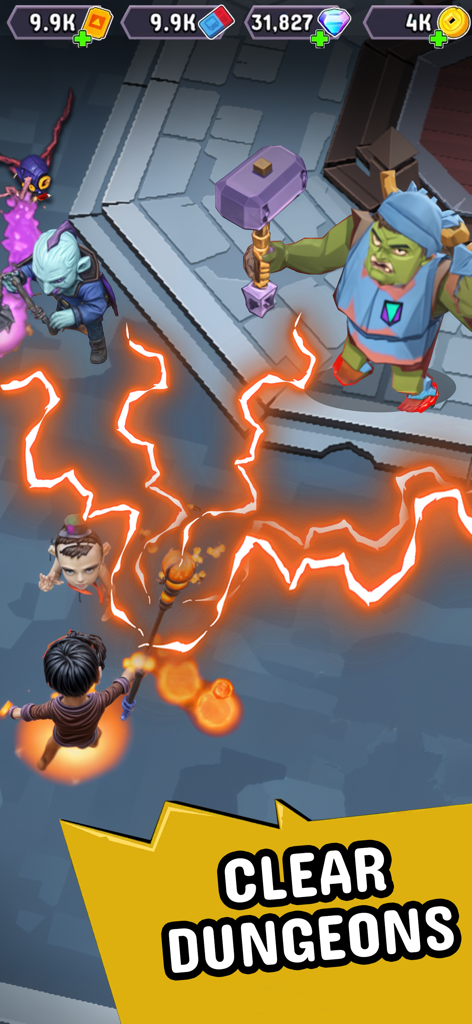Wizario: Idle Survival - Wizard hero casting lightning spells against monsters in a dungeon battle
