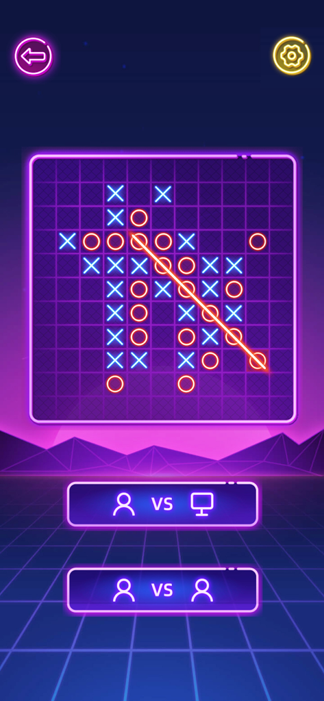 Tic Tac Toe - 2 Player Games - A neon themed Tic Tac Toe game screen showing a large grid and buttons to choose between player versus computer or player versus player modes