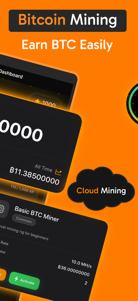 Interfaz de la aplicación simuladora de Minería de Bitcoin mostrando el saldo de moneda virtual del panel de control y la activación básica del minero