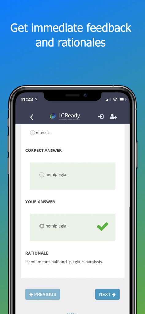 Med Term Review - Screenshot of the Med Term Review app showing a quiz result with a correct answer checkmark and a detailed rationale explaining medical word roots.