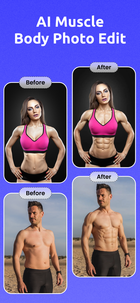 AI Body Builder : Muscle Photo - Before and after comparison of AI muscle photo edits showing added abdominal and chest muscles on a woman and a man