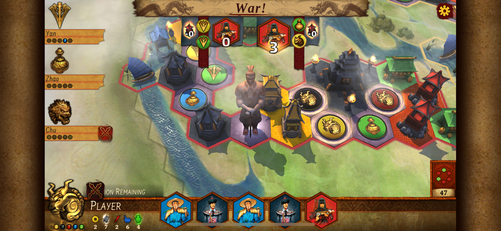 Gameplay screenshot of a war conflict in the Yellow and Yangtze digital strategy board game