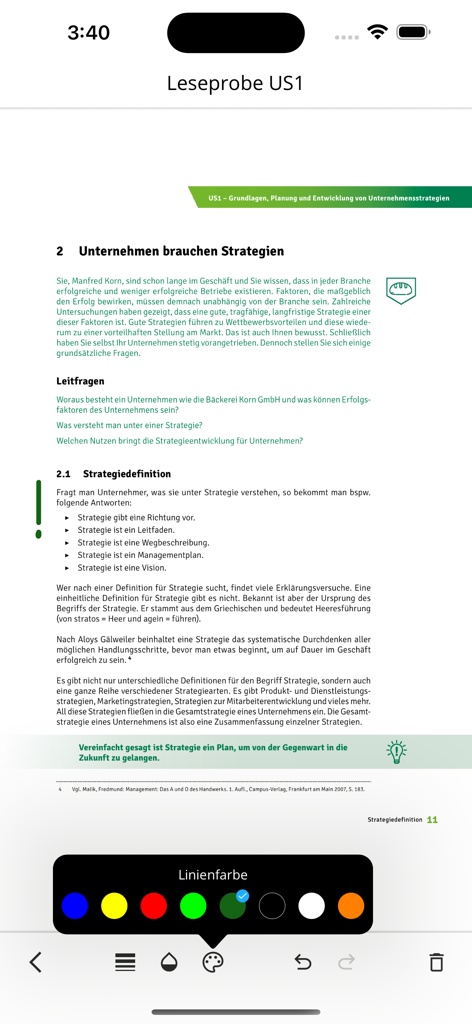 Betriebswirt HwO - Pagina di pubblicazione digitale nell'app Betriebswirt HwO con un menu aperto del selettore di colori per le annotazioni di testo.