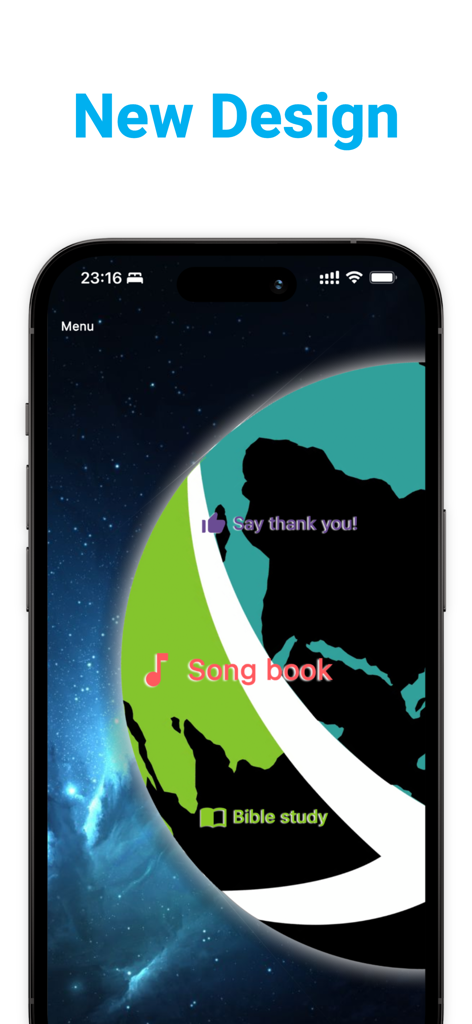 ICOC app interface showing the new design with menu options for song book and bible study