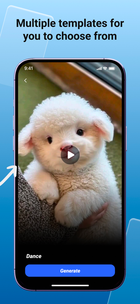かわいいふわふわの動物の動画テンプレートと生成ボタンが表示されたVidMaxアプリのインターフェース