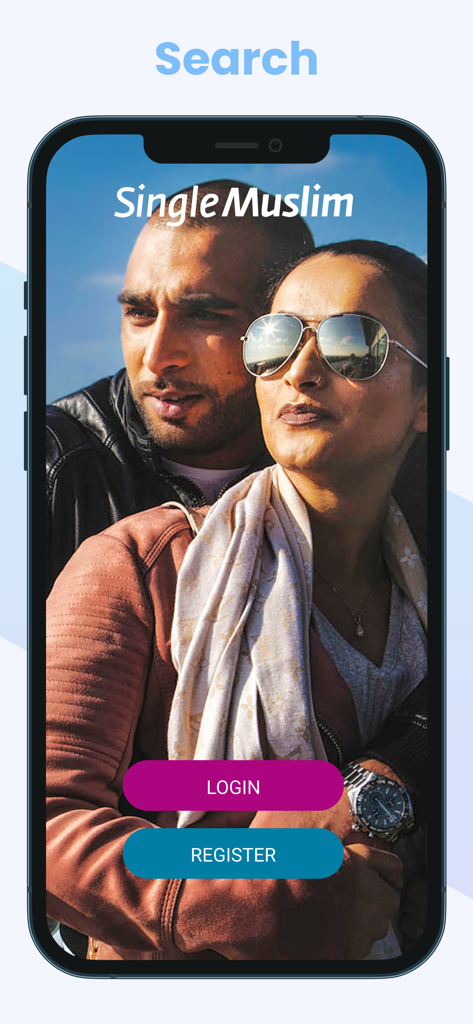 SingleMuslim - SingleMuslim app welcome screen showing a couple with login and register buttons