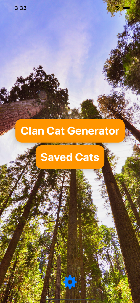 Clan Cat Generator - Tela inicial do aplicativo Gerador de Gatos de Clã mostrando botões para gerador e gatos salvos com fundo de floresta