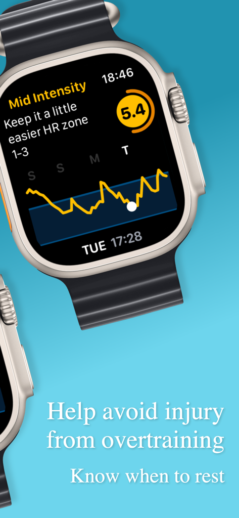 Training Today - Apple Watch mostrando la aplicación Training Today con una puntuación de "listo para entrenar" y un gráfico de recuperación de varios días.