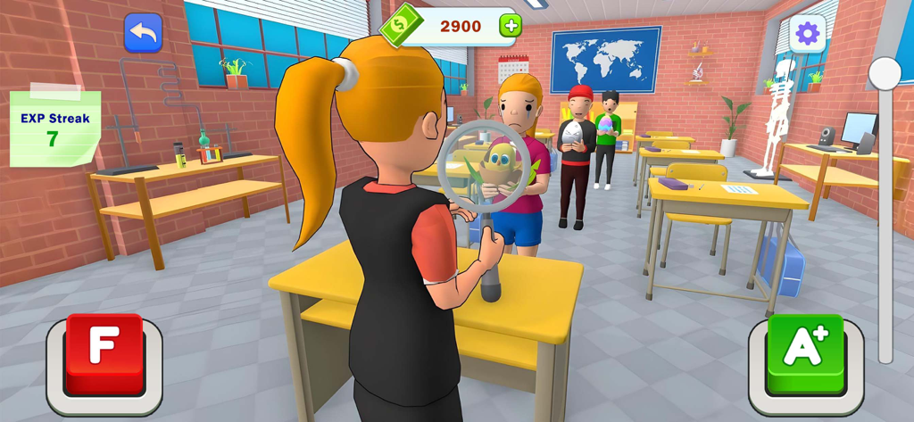 Teacher or Student - Un personaje profesor usando una lupa para inspeccionar el trabajo de un estudiante en un aula con grandes botones de calificación F y A+.