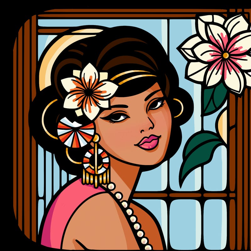 art deco woman hawaiian flower and hair