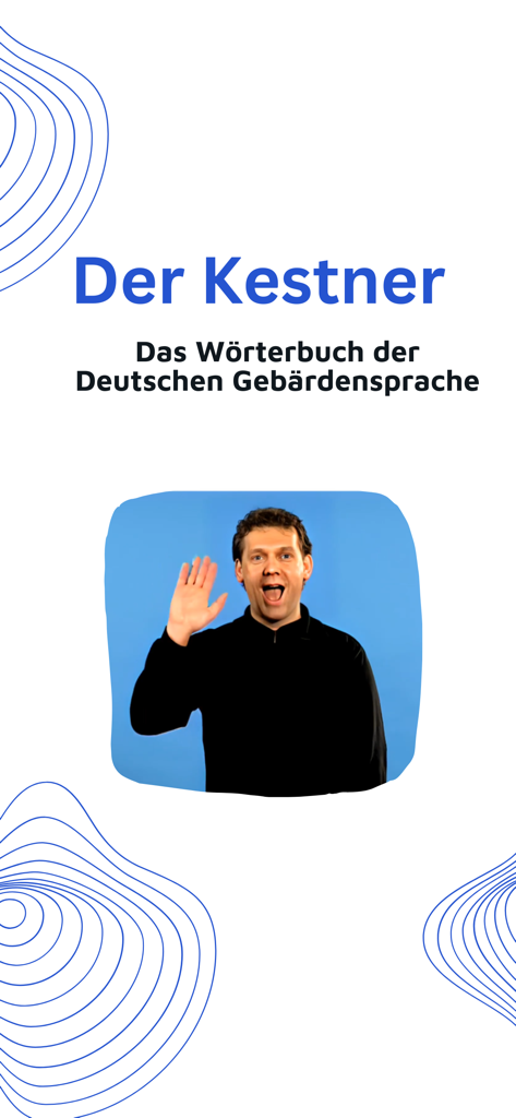 Splash screen of Der Kestner German Sign Language dictionary app with a man signing