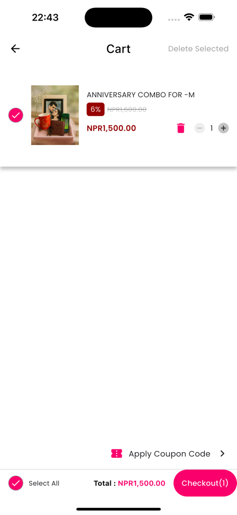 Gift Durbar - Interfaz de la aplicación móvil Gift Durbar mostrando el carrito de compras con un combo de regalo de aniversario y el botón de pago.