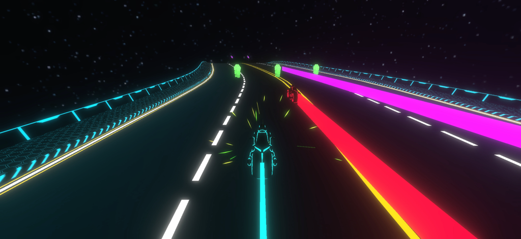 Una moto de luz azul compitiendo en una pista futurista con muros de energía de neón y un fondo estrellado.