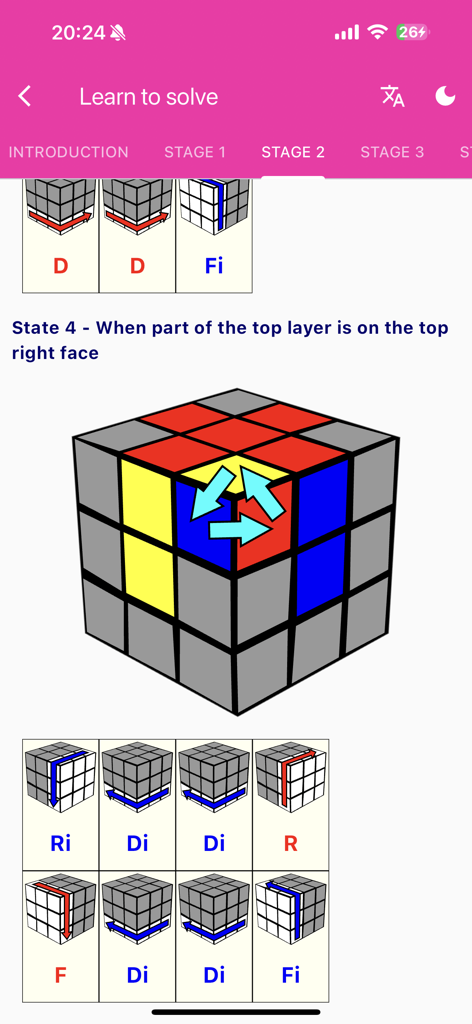 A step-by-step tutorial screen for solving a Rubik's Cube with 3D diagrams and move notations.