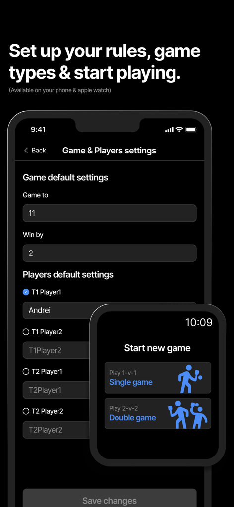 Matchkeeper - Pickleball - Matchkeeper Pickleball app interface showing game settings on iPhone and match type selection on Apple Watch
