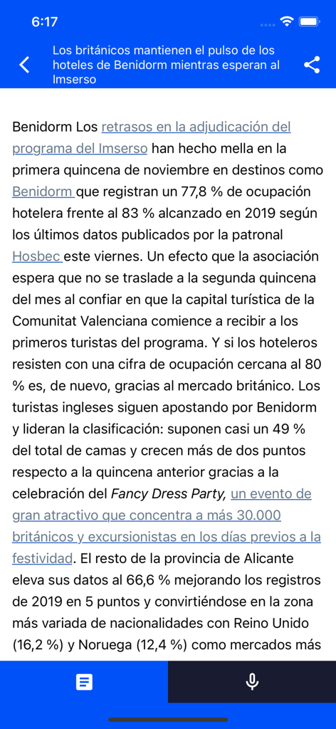 Un articolo di notizie sull'occupazione alberghiera a Benidorm visualizzato all'interno dell'applicazione mobile Radio Elda