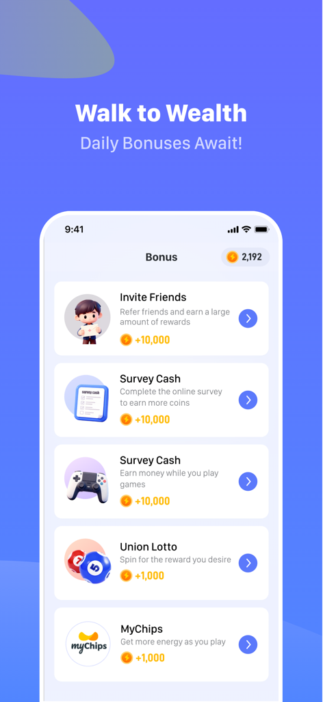 WalkCash - rewards&earn&coin - Pantalla de la aplicación móvil de WalkCash que muestra opciones de bonificación diaria, incluidas referencias y encuestas para ganar monedas.