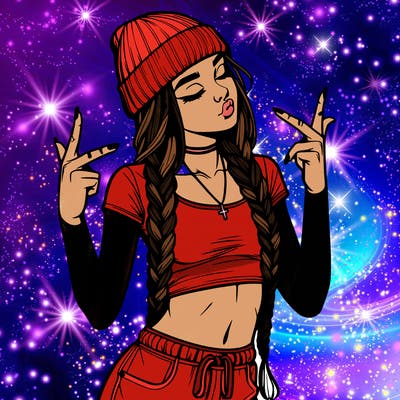 realistic teenage girl with braids and a beanie and crop top doing 🫶🏼