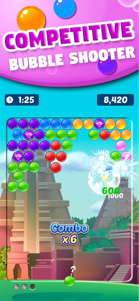 Competitive bubble shooter gameplay showing a score multiplier and colorful bubbles on a temple background