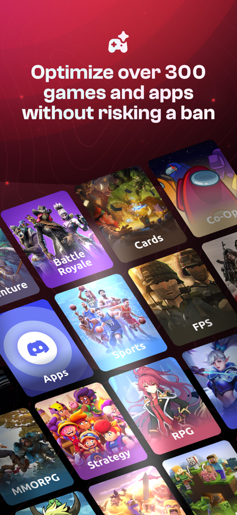 ExitLag app screen showing various optimized game categories like Battle Royale, FPS, and Strategy.