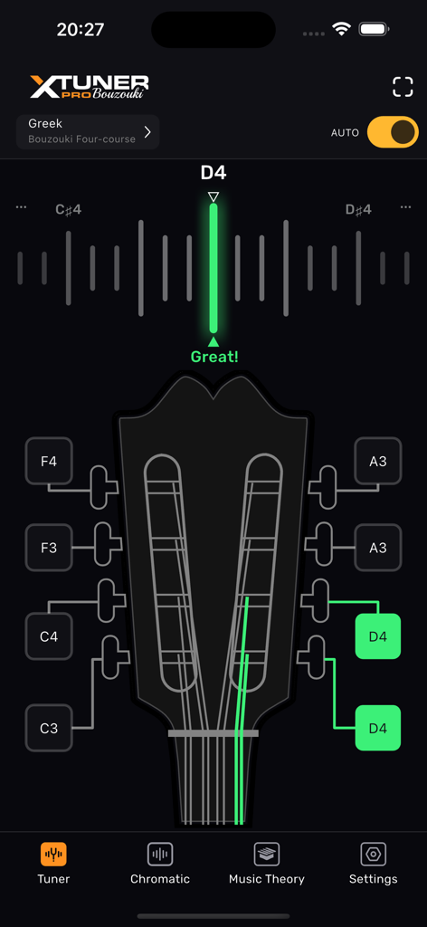 Bouzouki Tuner – XTuner PRO - Bouzouki Tuner XTuner PRO app screen showing automatic tuning for a Greek four course bouzouki