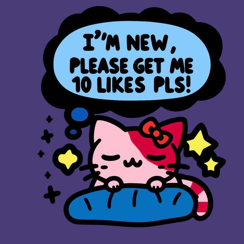 kitty taking a nap dream talking and saying "i'm new, please get me at least 10 likes pls!!"