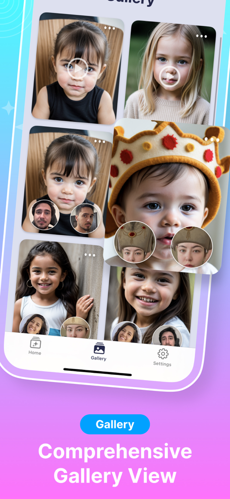 AI Face Generator - Baby Blend - モバイルアプリ画面。さまざまな両親から作成されたAI生成の赤ちゃんの顔の包括的なギャラリーを表示しています