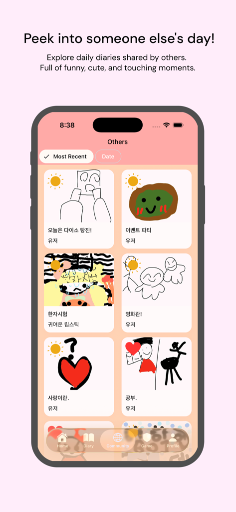 Picture Diary: Draw & Level Up - A mobile app screen showing a community feed of hand-drawn digital diary entries with cute illustrations.