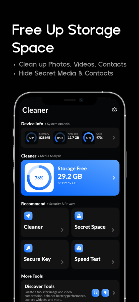 Easy Phone Cleaner Master - Easy Phone Cleaner Master dashboard showing storage usage and utility tools