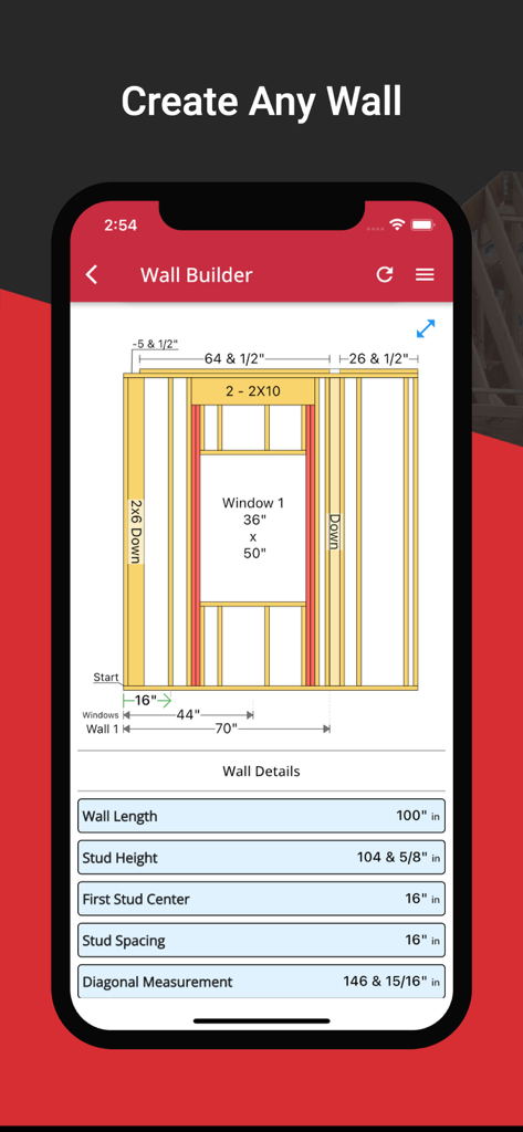 Strumento di creazione di schemi per costruzioni RedX Walls che mostra un diagramma di telaio con dimensioni di finestre e misurazioni dei montanti