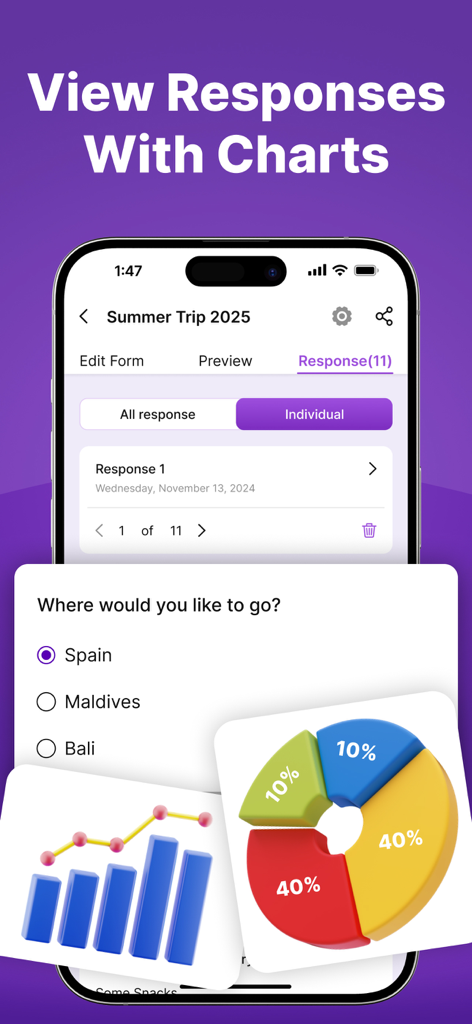 GForm Builder® ~ Google Form - Pantalla de iPhone que muestra las respuestas del formulario con gráficos de datos visuales que incluyen un gráfico circular 3D y un gráfico de barras