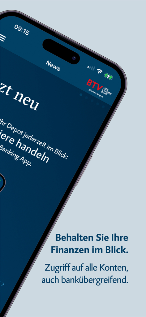 BTV Banking - Aplicación BTV Banking en un smartphone mostrando gestión financiera y acceso a cuentas interbancarias.