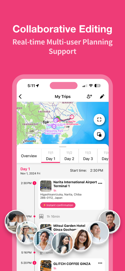 Funliday - Travel Planner - Mobile app interface of Funliday showing real-time collaborative travel itinerary planning with group members and a map.