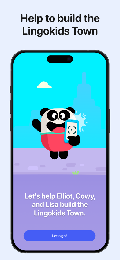 Lingokids Town - Elliot the panda holding a phone on the Lingokids Town start screen