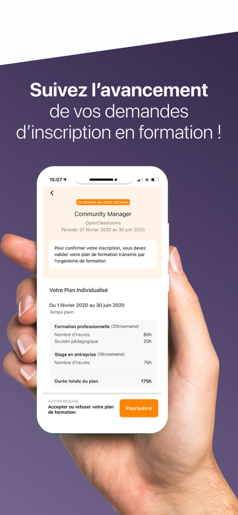 Ma Formation - France Travail - Smartphone screen showing the status and details of a training enrollment request for a Community Manager program