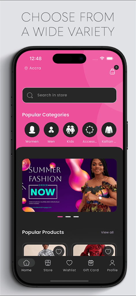 Miss Dee Clothing - Miss Dee Clothingモバイルアプリのホーム画面。ファッションカテゴリと夏のファッションプロモーションバナーが特徴。