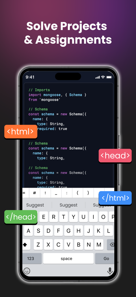 Dev AI – Learn Coding - 코딩 프로젝트 및 과제를 해결하기 위한 모바일 코드 편집기를 보여주는 Dev AI 앱 스크린샷