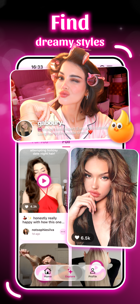 Yulii - Video & Hair - Mobile app interface of Yulii showing a social media feed of various hairstyles and video tutorials.