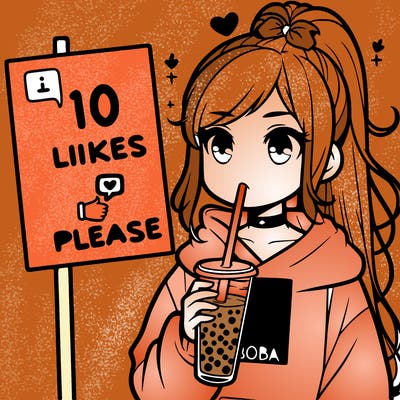 girl with a high ponytail and a hoodie drinking boba staring at a sign saying 10 likes please