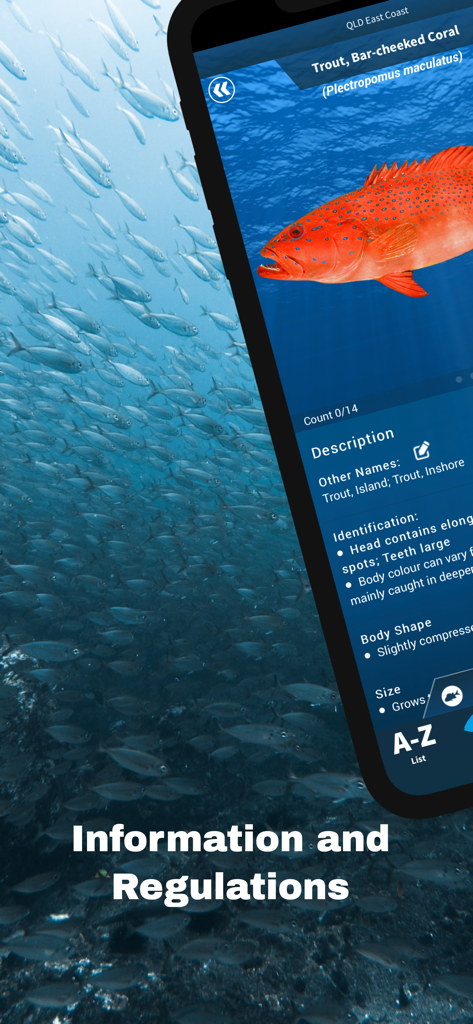 iDfish mobile app interface showing identification details and fishing regulations for a Bar-cheeked Coral Trout