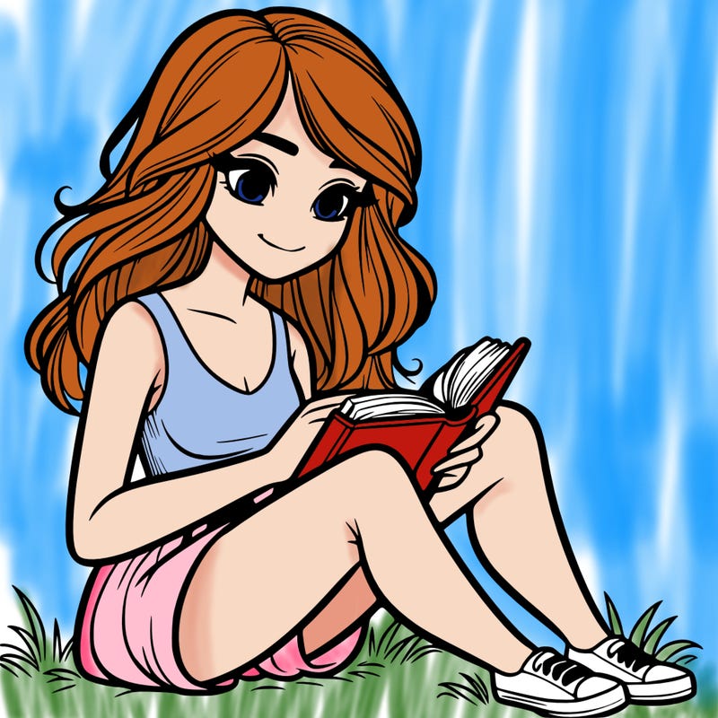a realistic pretty girl sitting on the grass reading a book