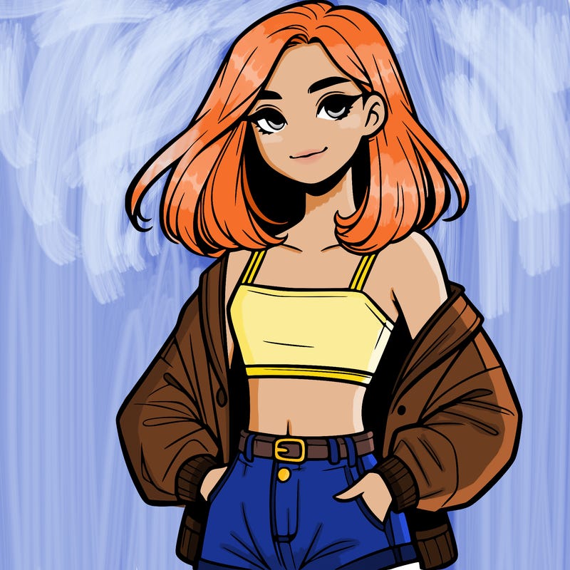 a realistic girl with a crop top and short shorts in an open jacket