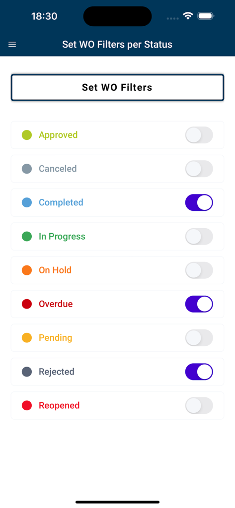 EagleCMMS - Interface of the EagleCMMS mobile app showing a list of work order status filters with toggles for statuses like Approved, Completed, and Overdue.