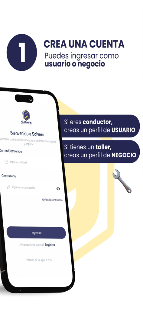 Solvers - Pantalla de creación de cuenta de la aplicación Solvers con opciones para registrarse como conductor o empresa