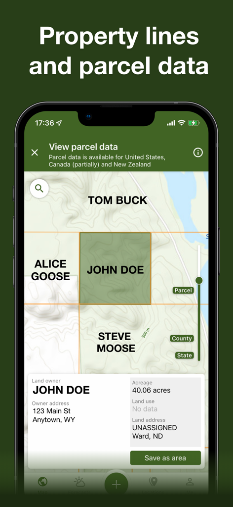 Hunting Points: GPS & Hunt App - Smartphone screen showing property lines and landowner parcel data on a hunting map