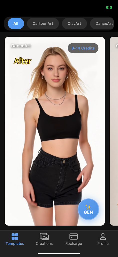 SirenAIアプリのインターフェースに、AI写真変換用のダンスアートテンプレートが表示されています。